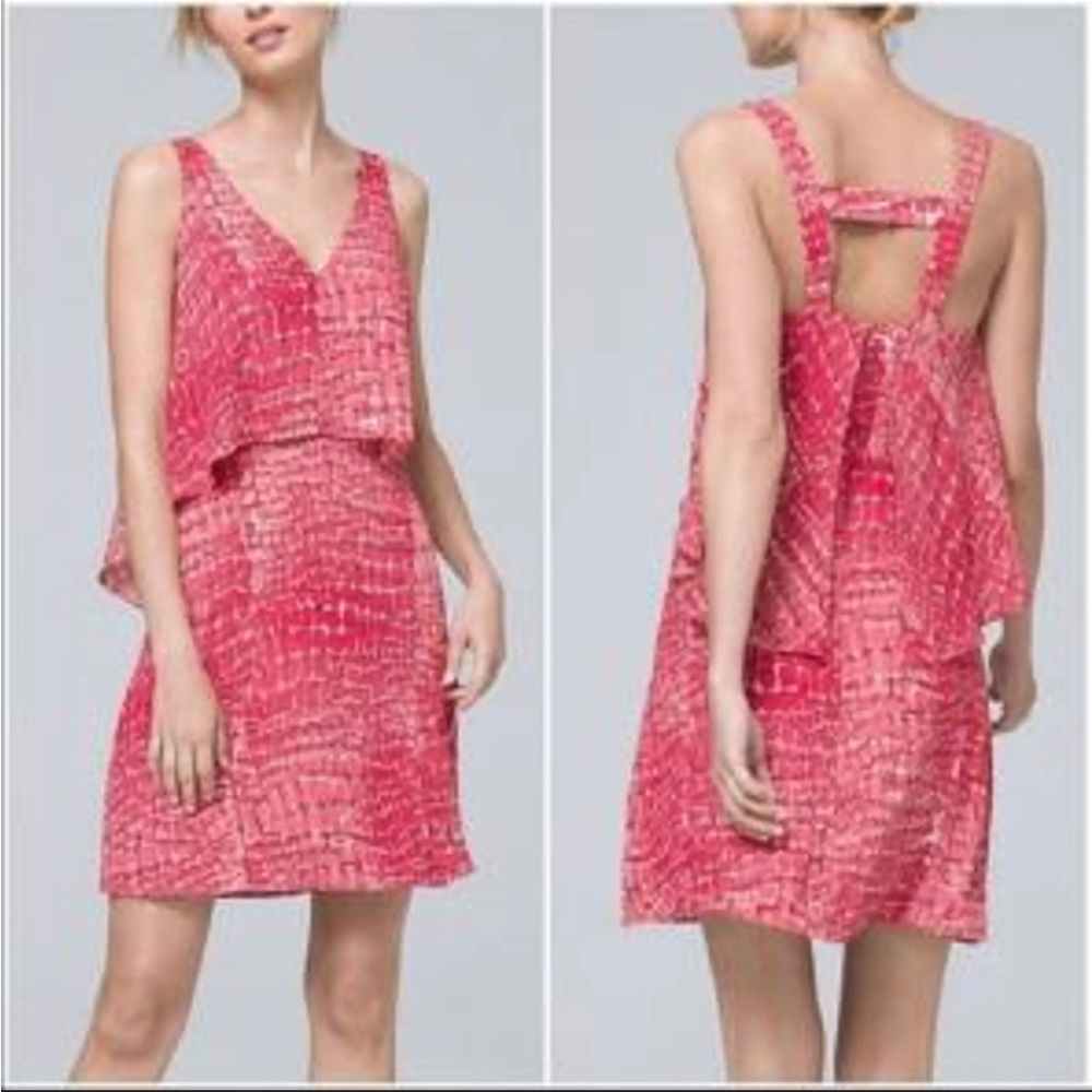 WHITE HOUSE BLACK MARKET V-Neck Shift Dress in Ecru w Red Ochre Dress XS